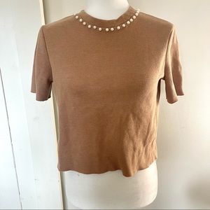Zara Trafaluc tan pearled neck short sleeve semi cropped shirt medium